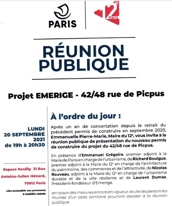 Projet EMERIGE Réunion de restitution lundi 20 septembre 19h Espace Reuilly